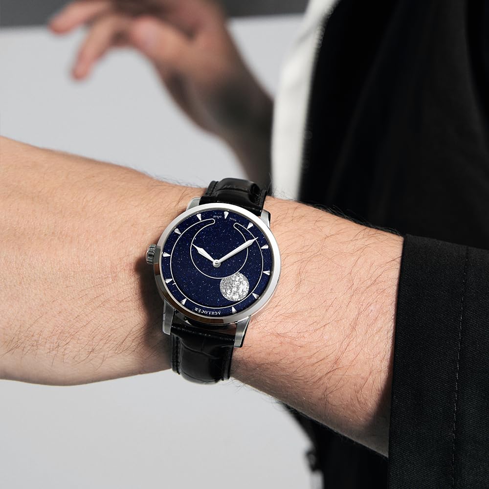 agelocer Mechanische Automatikuhr für Herren, New Moonphase, 40 mm, 3D-Zifferblatt aus blauem Sandstein, 80H Gangreserve, Saphirglas, Krokodillederarmband