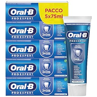 Oral-B DENTIFRICIO Pro-Expert PULIZIA PROFONDA, Protezione di 24 Ore CONTRO LA PLACCA, Clinicamente Provato, Confezione da 5 Dentifrici (5x75ml), Gusto MENTA DELICATA