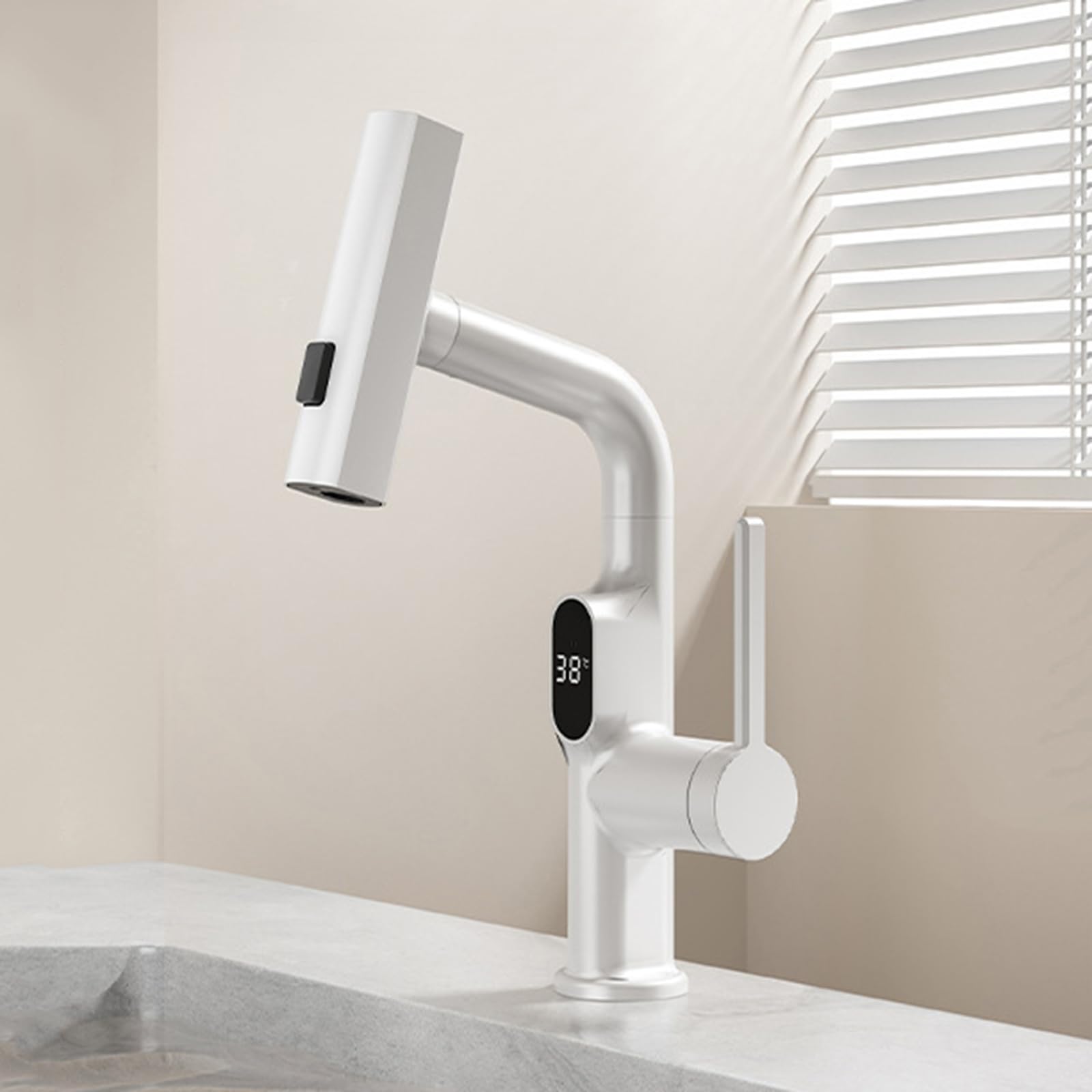 Generico Rubinetto da Bagno Rubinetto per Lavabo Cascata Estraibile Monocomando con Display Digitale Sollevabile Bianco