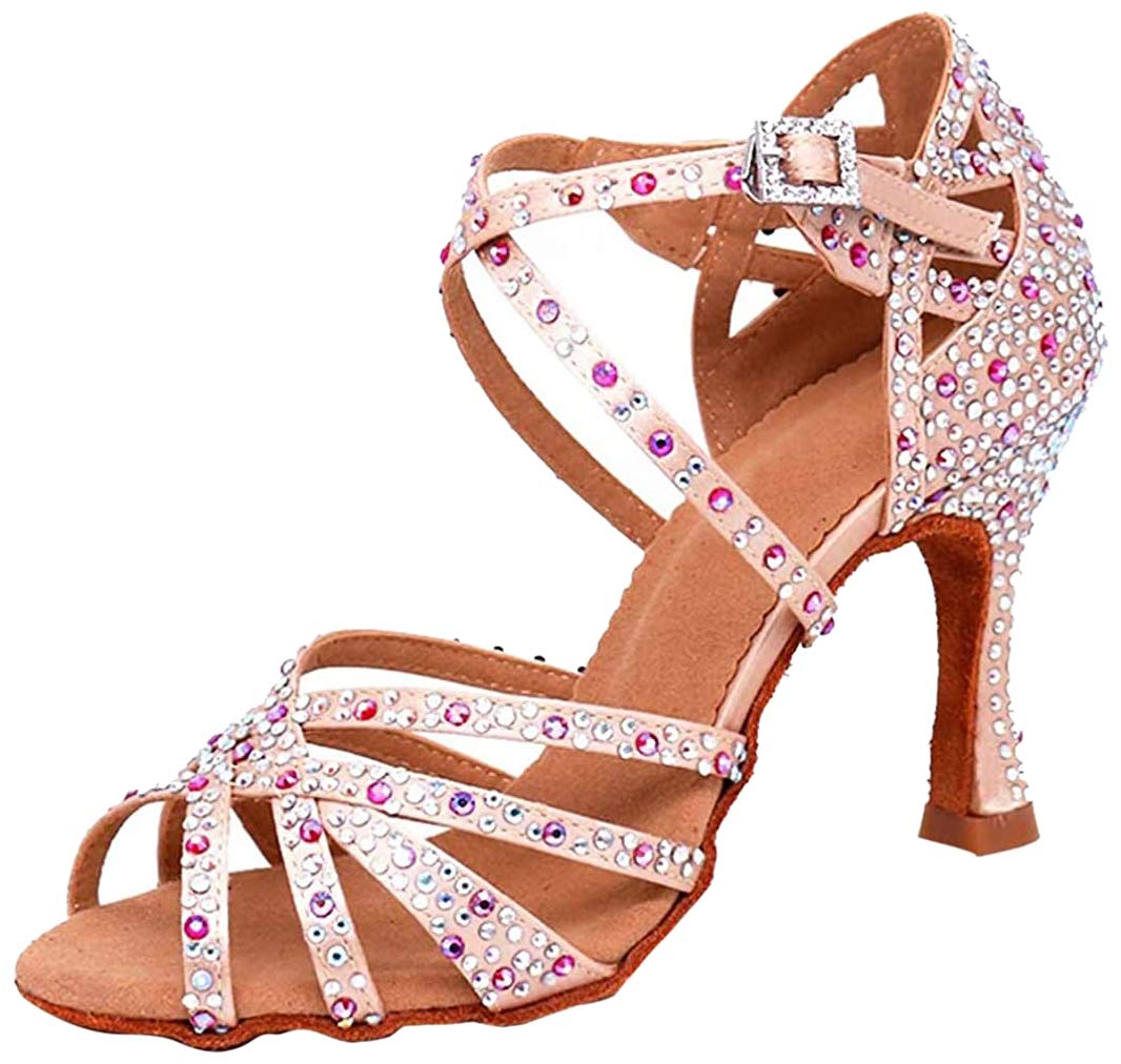 Sandalias de baile moderno latino con correa cruzada para mujer, con diamantes de imitación de tango social, bailes, Tacón marrón de 9 cm. — view 19