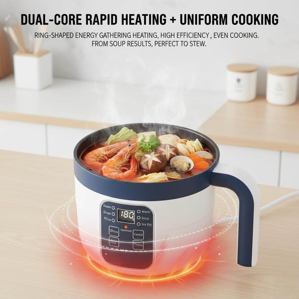 Multi-Functional Electric Pot, 6 Cooking Modes, Mini Steamer, Double-Layer Non-Stick, for 1-2 People