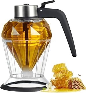 BOSREROY Elegant Glass Honey Dispenser, Pancake Syrup Diamond Shaped Jar, No Mess Stand Base, Sauce Dispenser for Oil, Vinegar & Soy Sauce