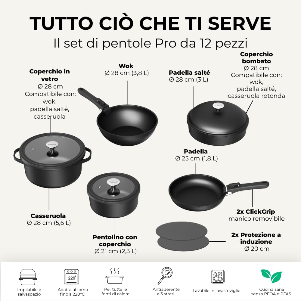 Pro - Set di pentole e padelle a induzione, 12 pezzi, manico rimovibile, impilabile, salvaspazio, adatto al forno, senza PFAS, rivestimento antiaderente, coperchio in vetro con bordo
