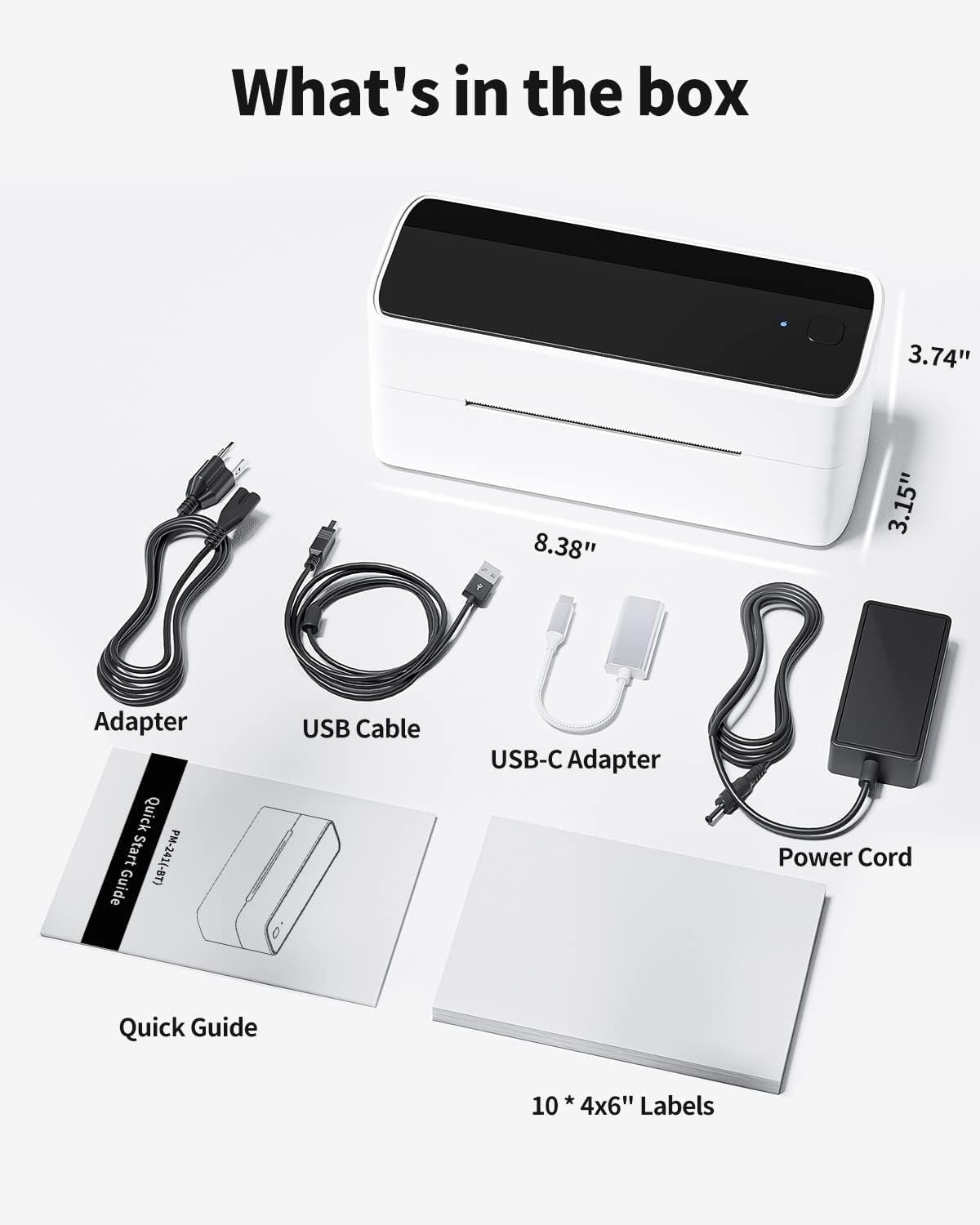 Contents of the Phomemo PM241BT package, including the printer, adapter, USB cable, USB-C adapter, power cord, quick guide, and a stack of 4x6 inch labels.