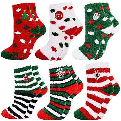 Christmas Socks,Aniwon 6-Pair Xmas Fuzzy Cozy Slipper Socks Winter Warm Thick Home Socks For Women Girls
