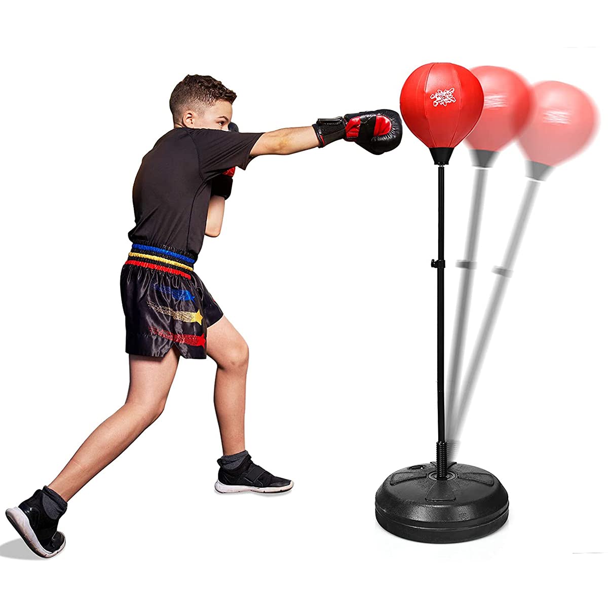 GYMAX Punching Ball da Terra per Adulti e Bambini, Sacco da Boxe con Guanti e Altezza Regolabile, Palla di Pugilato con Base Stabile