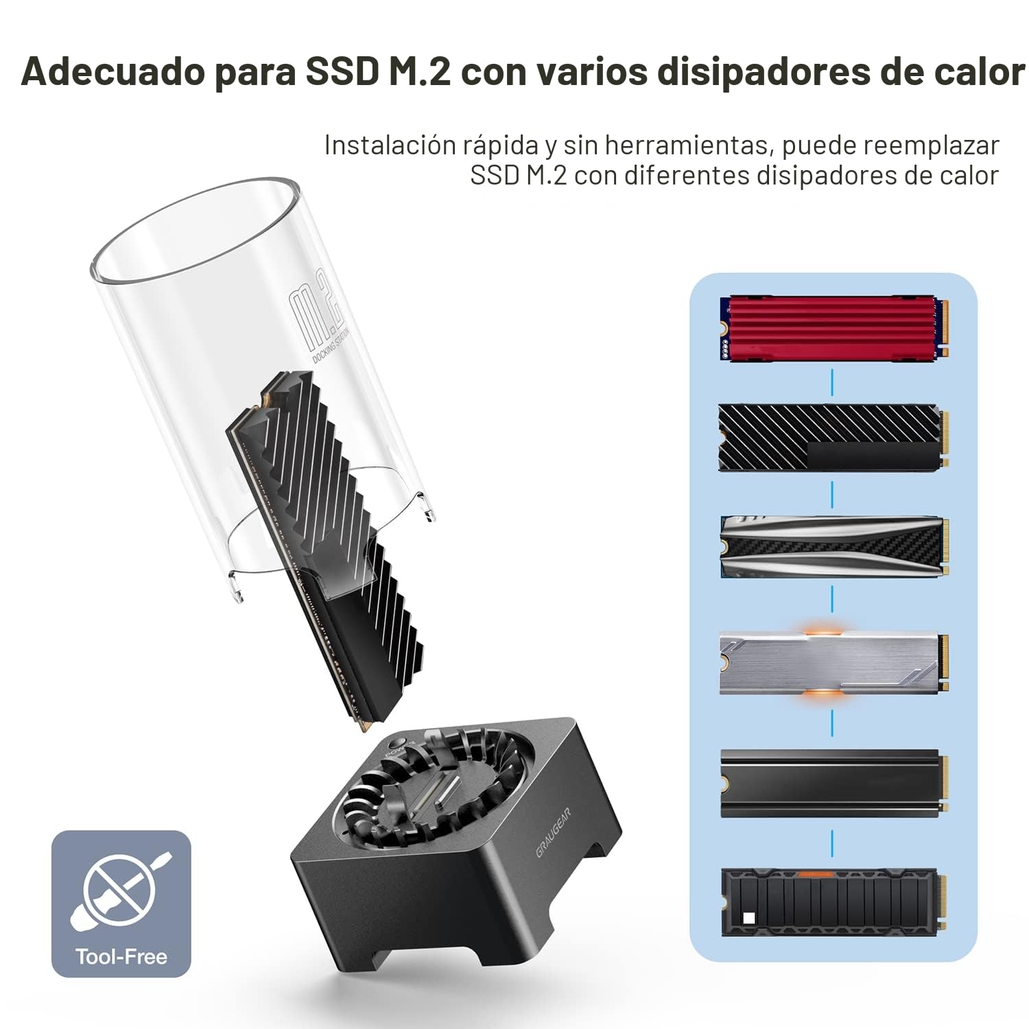 GRAUGEAR Estación Acoplamiento SSD M.2, USB 3.2 Gen2 10Gbps, Ventilador 50mm, RTL9201B Compatible NVMe y NGFF, Incluye Cables USB-C y A-C