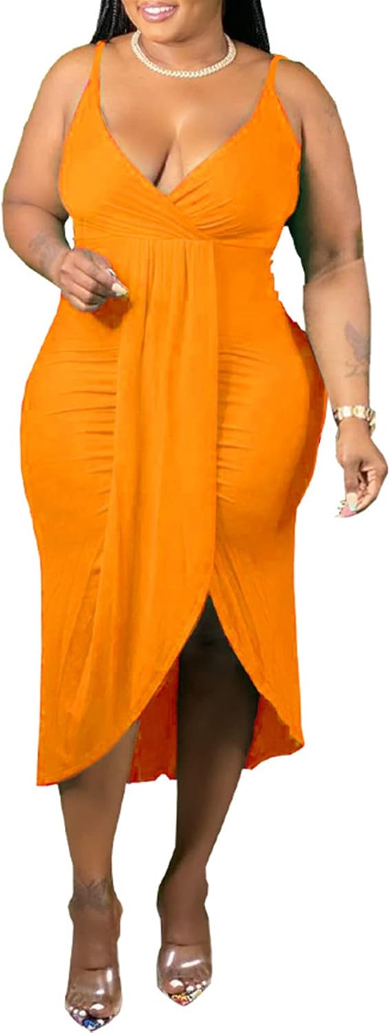 Salimdy Women's Plus Size Bodycon Dress Puff Short Sleeve Plunging V Neck Midi Dresses