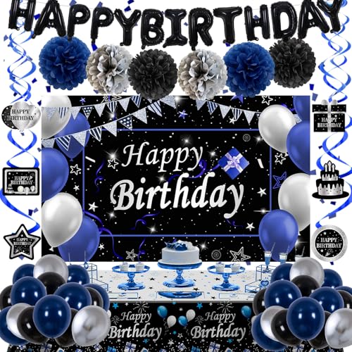 Navy Blue and Black Birthday Decorations for Men Boys Women Girls, Blue and Silver Party Decorations Happy Birthday Balloons Banner Backdrop Hanging Swirl Tablecloth, Bday Party Supplies for Him