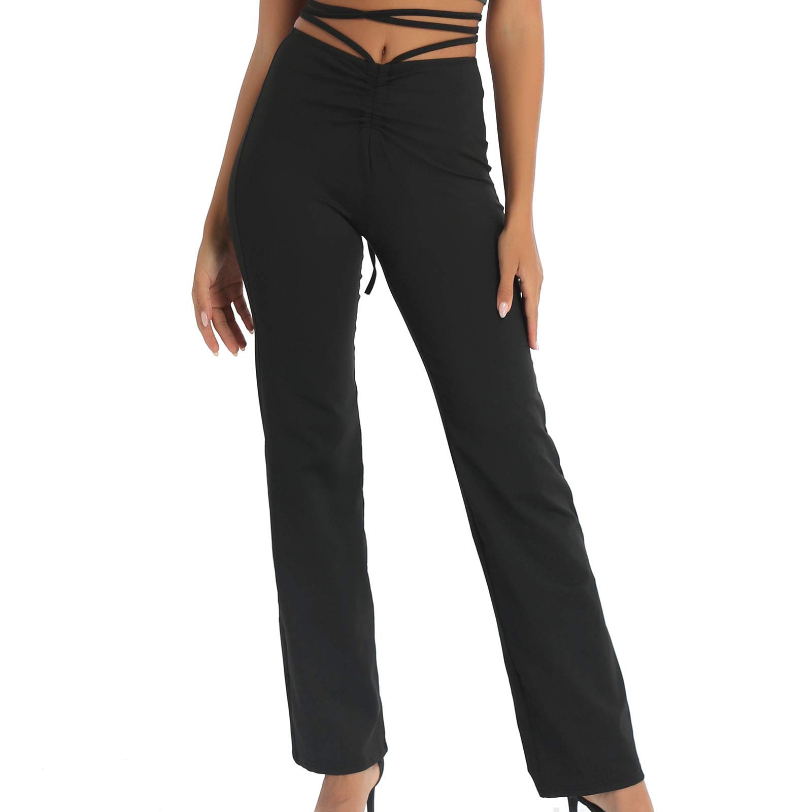 XUNZOO Womens High Waist Strappy Clubwear Straight Leg Pants Comfy Stretch Ruched Bodycon Trousers