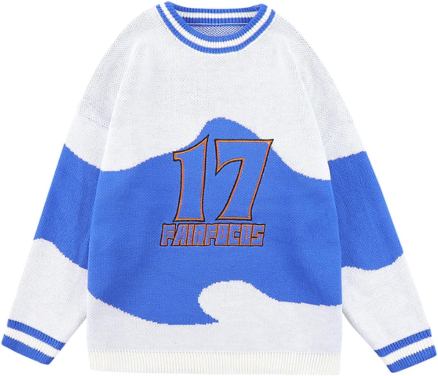 DSAIDSAI Harajuku High Street Letter Print Stitching Round Neck Men's Sweater Retro Contrast Color Casual Hip-Hop Pullover Knitwear-White,L