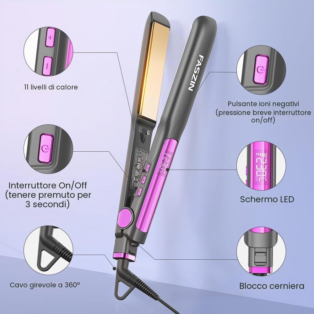 Faszin Piastra Capelli Professionale 2-In-1, Piastre Ioniche di Titanio, Riscaldamento In Soli 20 Secondi, Display LCD Chiaro, Ideale Per Capelli Lisci, Ricci e Mossi