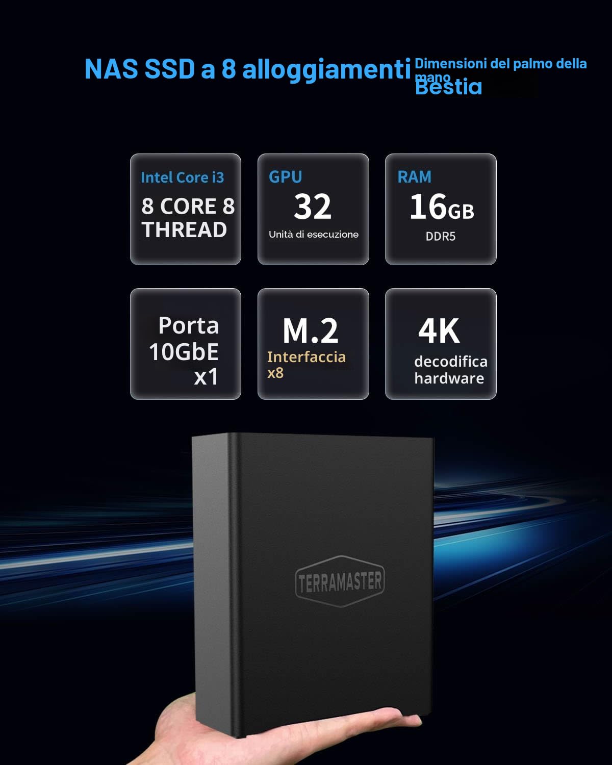 TERRAMASTER F8 SSD Plus NAS -Storage NAS 8Bay All SSD CPU Core i3 8-Core 8-Thread, 16GB DDR5 RAM, Porta 10GbE, Network Attached Storage di Dimensioni Palmari (Diskless)