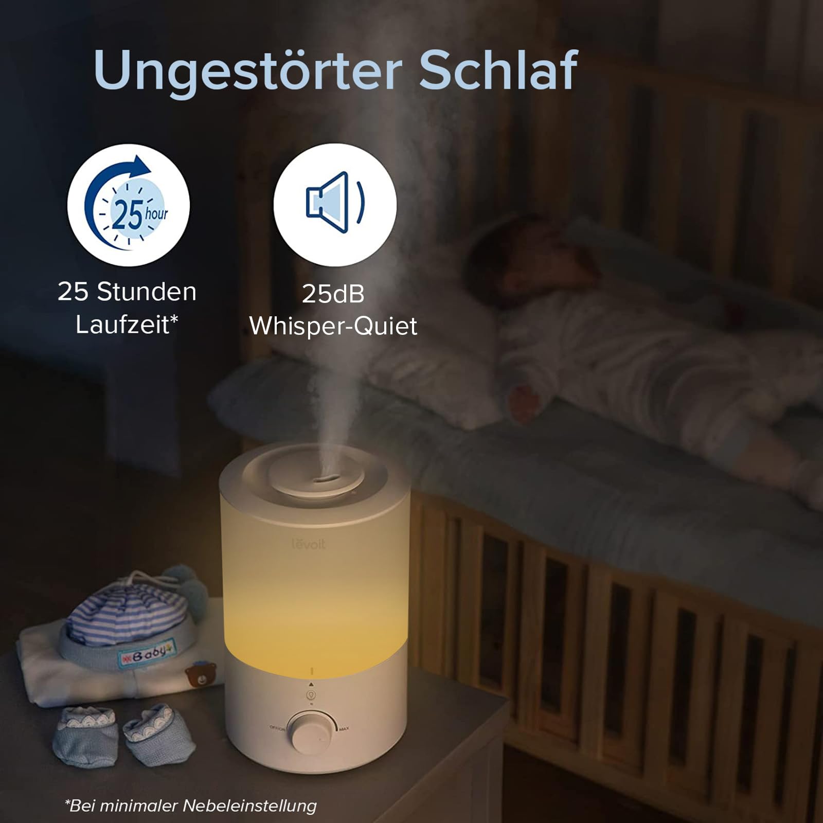 Levoit Luftbefeuchter Schlafzimmer, Nachtlicht, Aroma Diffusor, 25dB, 3L | Kaltnebel, Top-Fill Humidifier, oberer Befüllung, Auto Shut-off, Raumbefeuchter für Baby & Pflanzen, bis 25 Std., Warmweiß