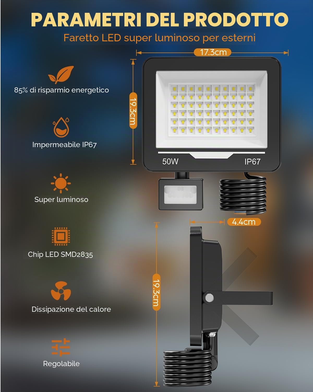 50W 5000LM Faretto LED da Esterno con Sensore di Movimento 2 Pezzi, 6500K Bianco Freddo Impermeabile IP67 Faretto Faro LED Esterno con Sensore Movimento per Cortile, Giardino