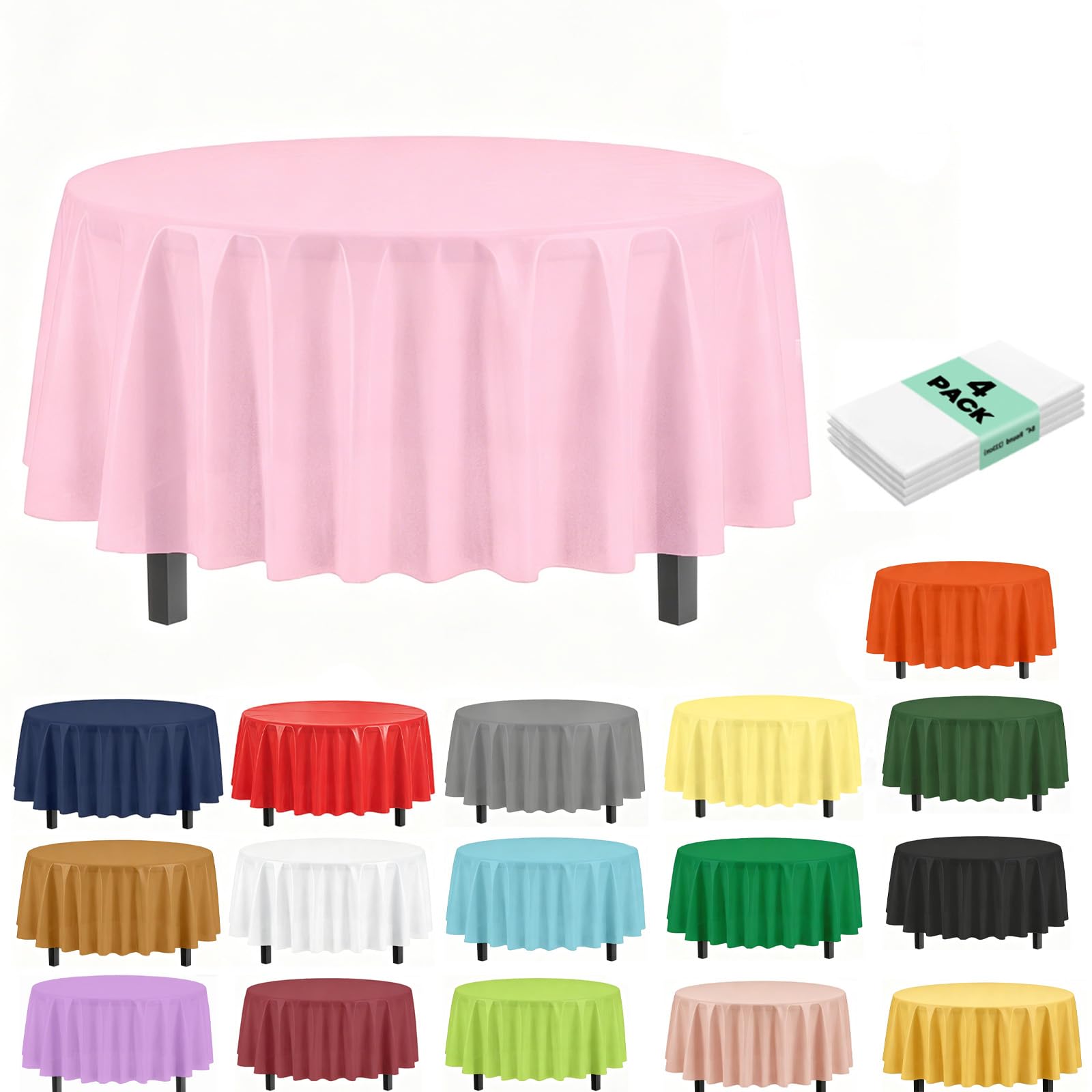 4Pack Plastic Pink Party Tablecloths for Round Table, 84 inch Large Round Disposable Table Cover for Party, Decorative Paper Tablecloth Bulk for Picnic, Baby Shower, Wedding, Birthday, Christmas