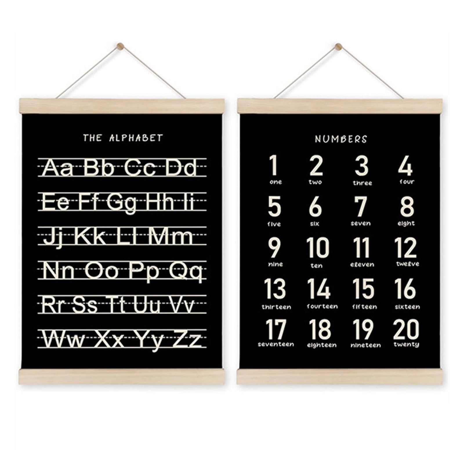 Elnwnnkc 2pcs Toddler Learning Posters for Playroom and Classroom Decors Alphabets and Number Wood Wall Hanging Banners Ornament Toddler Learning Wall Poster