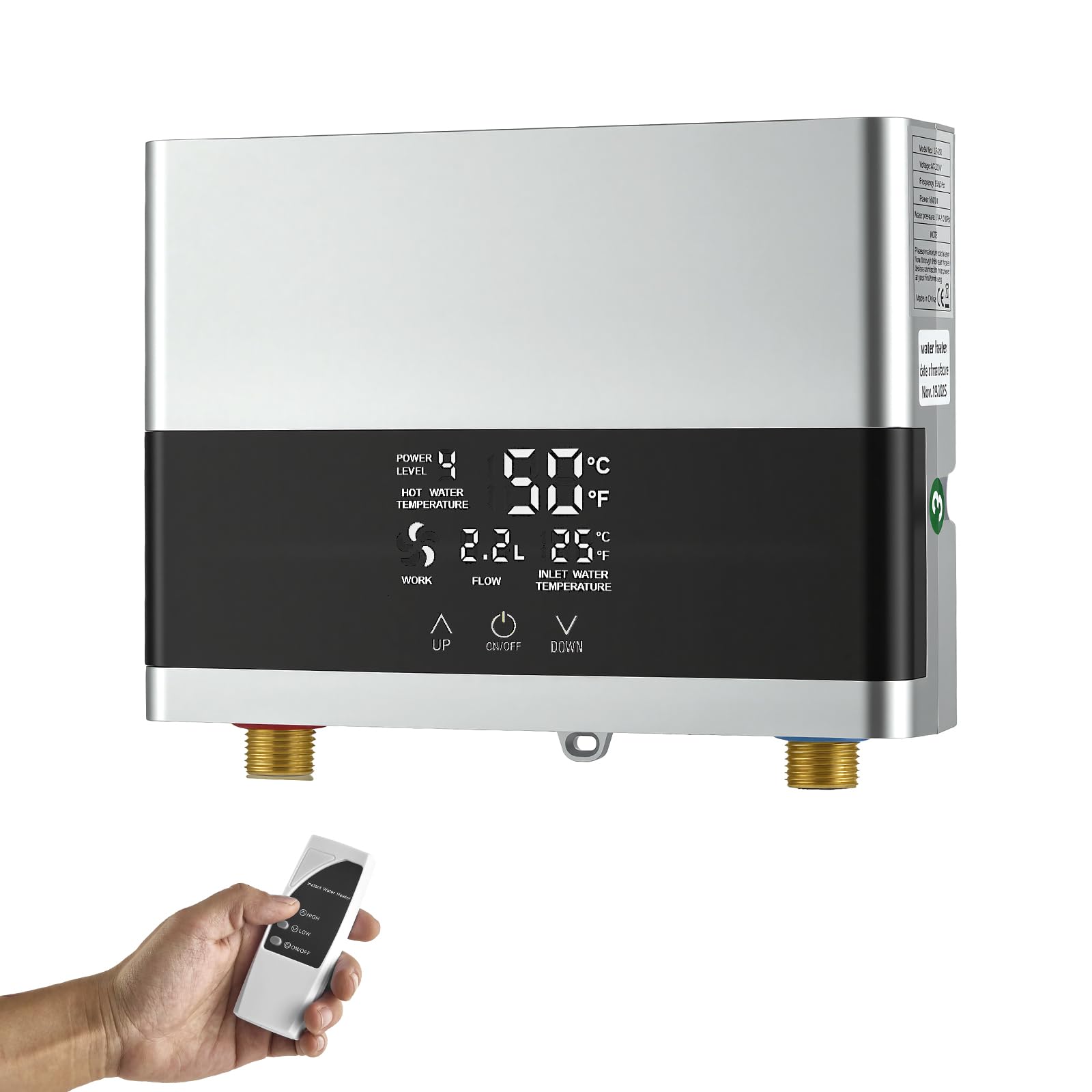 Scaldacqua istantanea da 6000 W, 230 V, con telecomando e display a LED, mini scaldabagno elettrico per doccia e cucina, con soffione doccia, protezione IPX4 per bagno e giardino (argento)