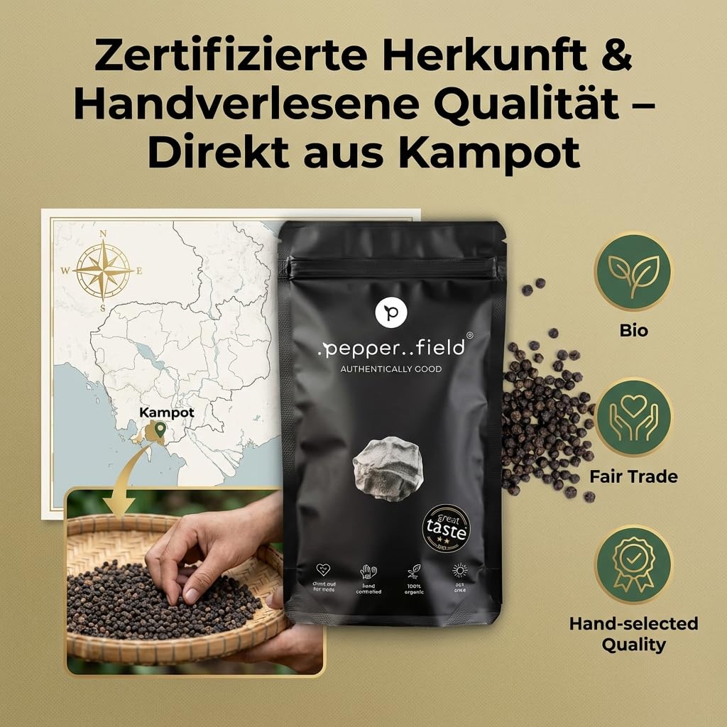 Pepper Field Kampot Pepper Black - Granos de pimienta enteros de Camboya, frescos y sabrosos, granos de pimienta enteros para moler y cocinar, excelente sabor, ideal para cocinar y asar, 250g