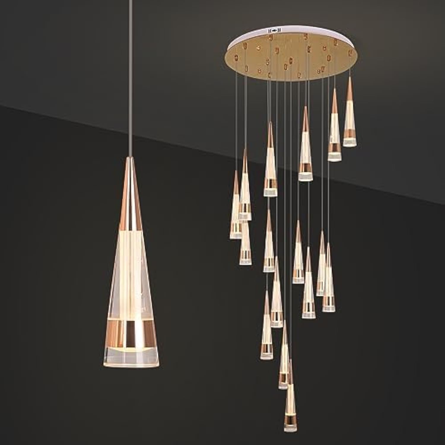 YT YATAI LIGHTING Villa Stair Spiral Entrance Foyer Chandelier, Large Gold Modern Luxury 16 Lights Cone Shape Living Room Light, Adjustable Color Temperature LED High Lamp