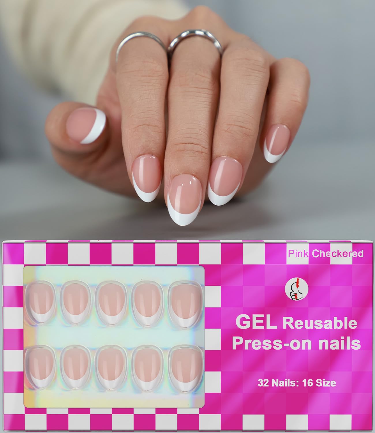 Anyos 16 Sizes French Tip Short Almond Press on Nails,Soft Gel Fake Nails Glossy 32pcs with Nail Glue (Classic French)