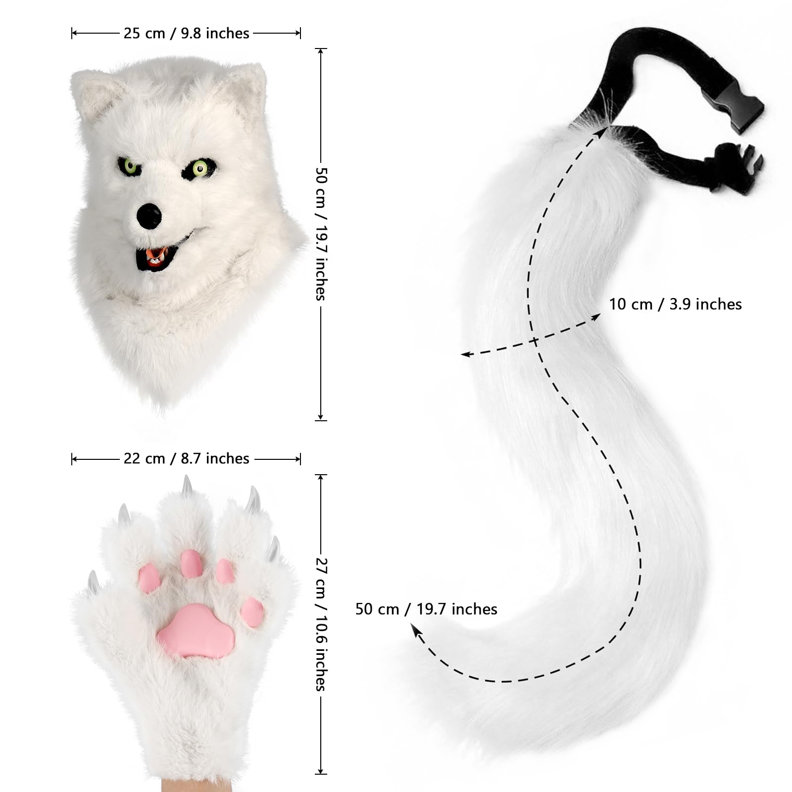 Masque fantaisie en forme de tête de chien en peluche avec queue de griffe et gants pour Halloween, fête, bal masqué, cosplay