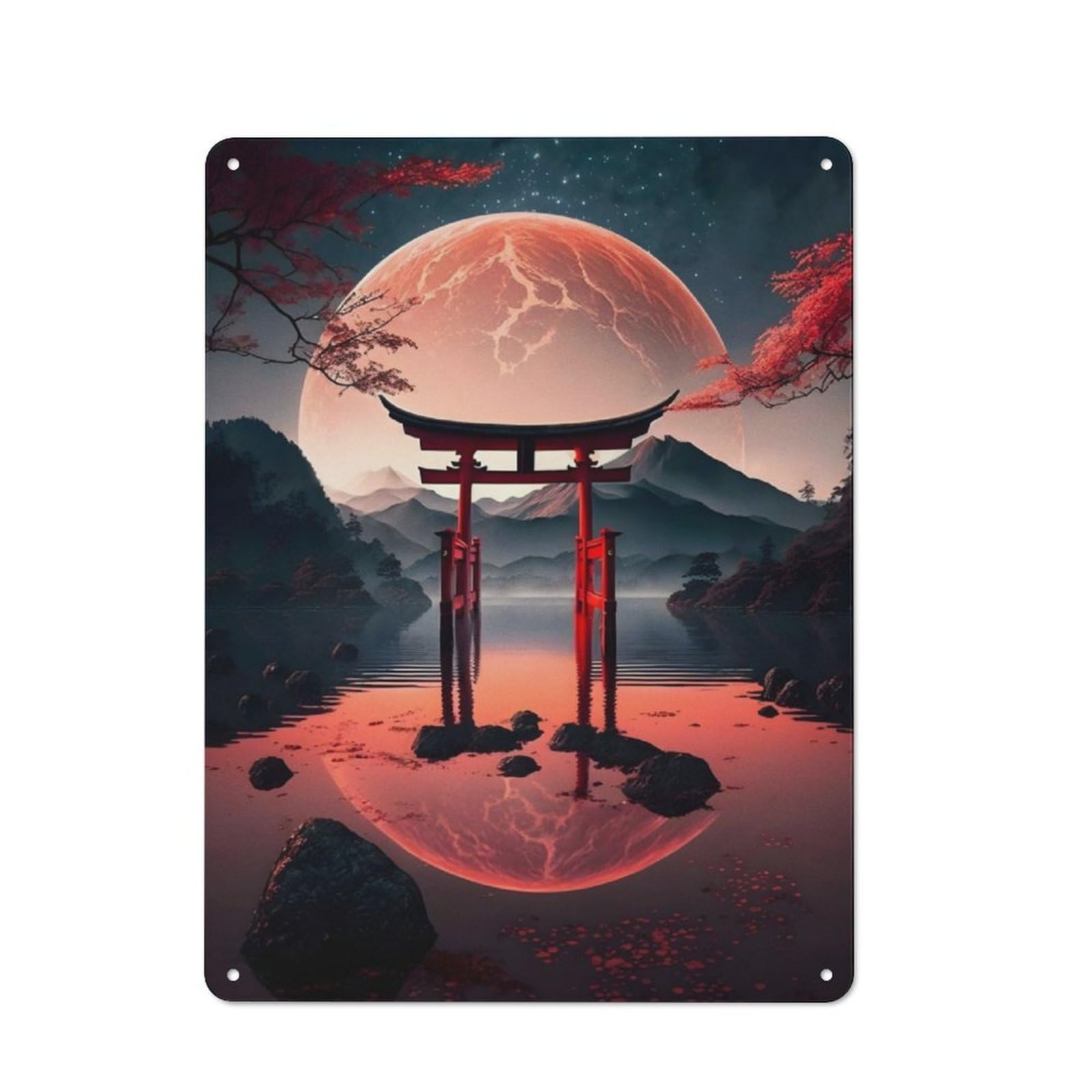 Junmoney Majestic Lake Torii Gate Metal Wall Sign 40X30cm, Rustic Decor For Hallway Wall, For Metal Sign Collectors, For Garage And Workshop Walls