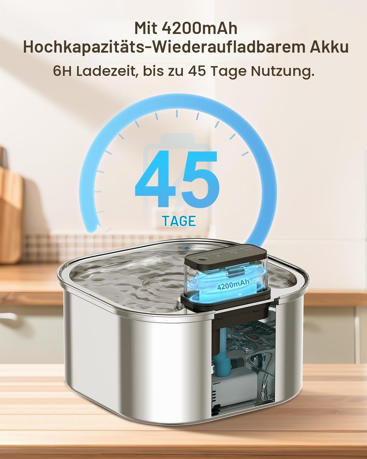 Katzenbrunnen Kabellos mit Bewegungsmelder- 3.2L Trinkbrunnen für Katze Edelstahl, 4200 mAh Leiser Wasserpumpe LED Wasserspender für Katze und Kleine Hunde, 3 Filter + 3 Schwämmen