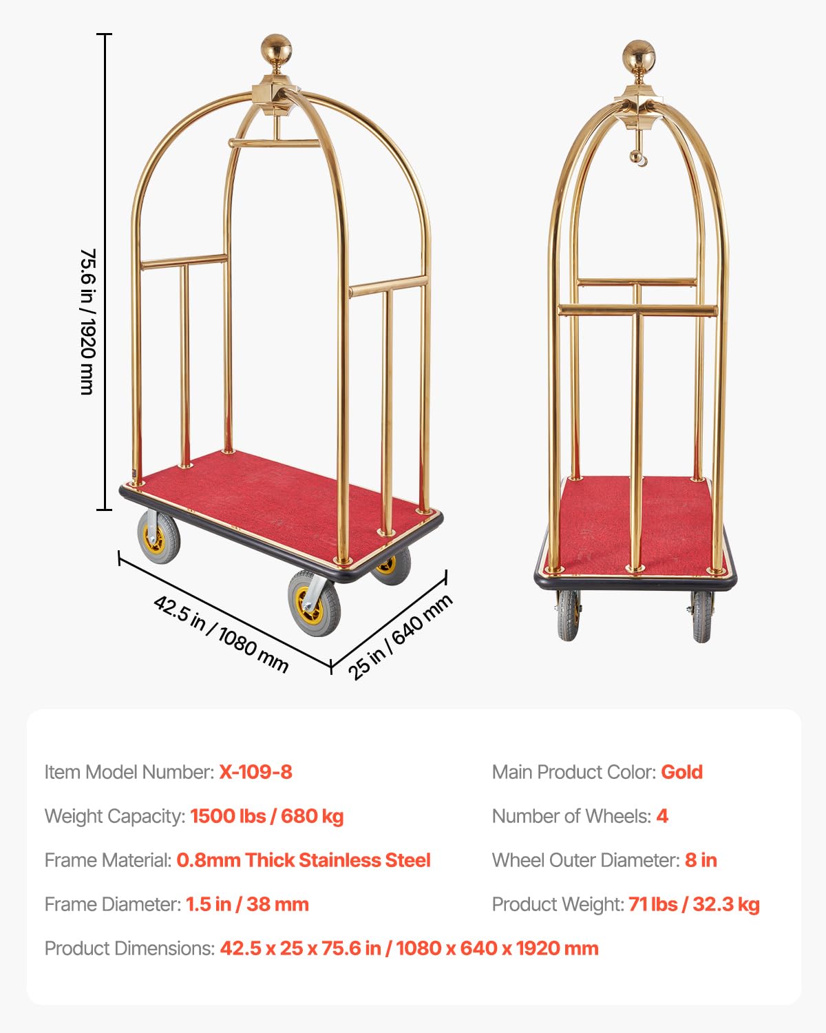 VEVOR Carrello Portavaligie per Hotel, Carico 680 kg Carrello Trasporto Portavaligie in Acciaio Inox Spazzolato con Montanti Curvi, Ponte in Moquette Rossa, Ruote in Gomma 203,2 mm per Hotel Condomini