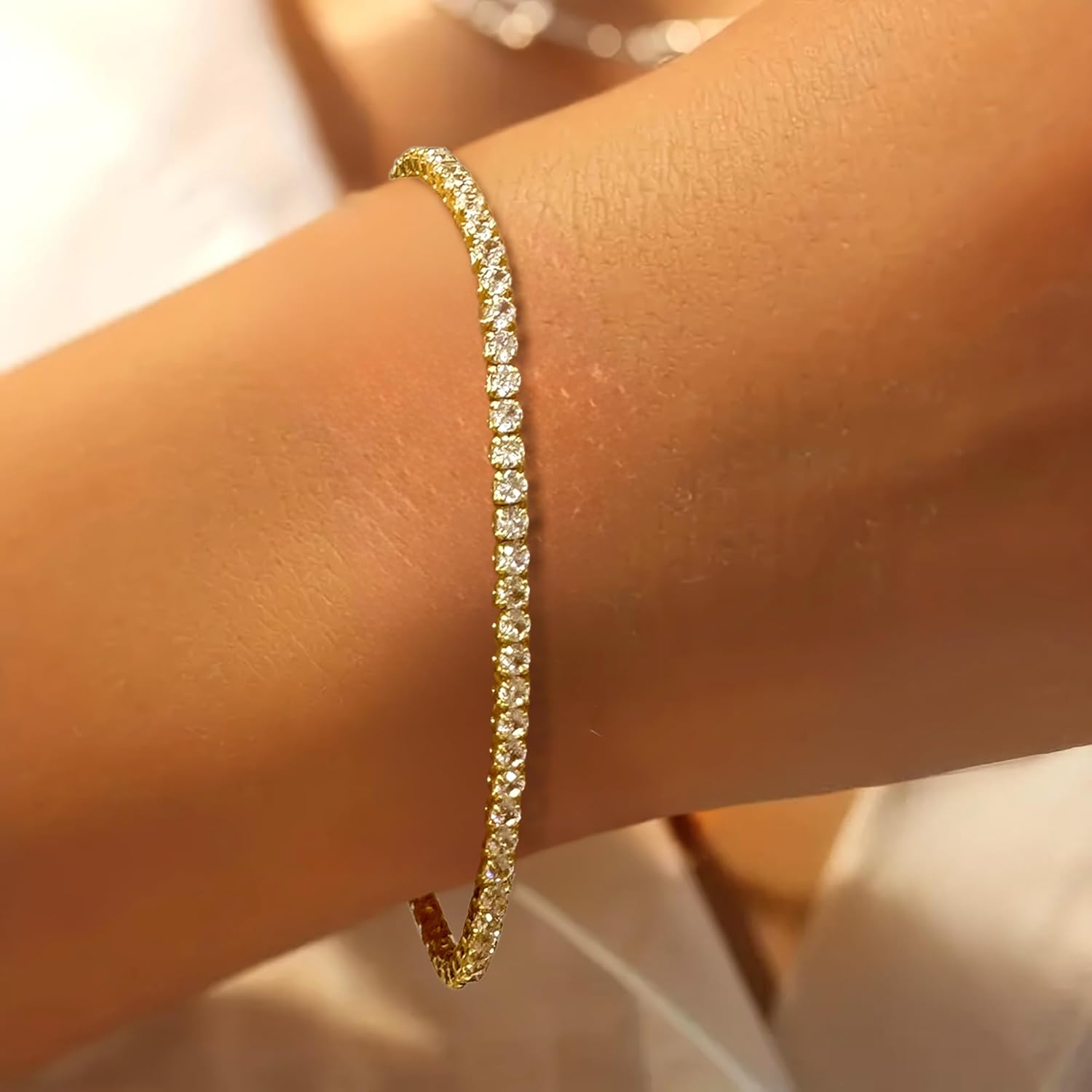 925 Sterling Silver Cubic Zirconia Tennis Bracelet for Women Sparkling Classic 1mm Simulated Diamond Charm Chain Bracelets Bridal Wedding Birthday Jewelry Gifts for Wife Mom - Image 3