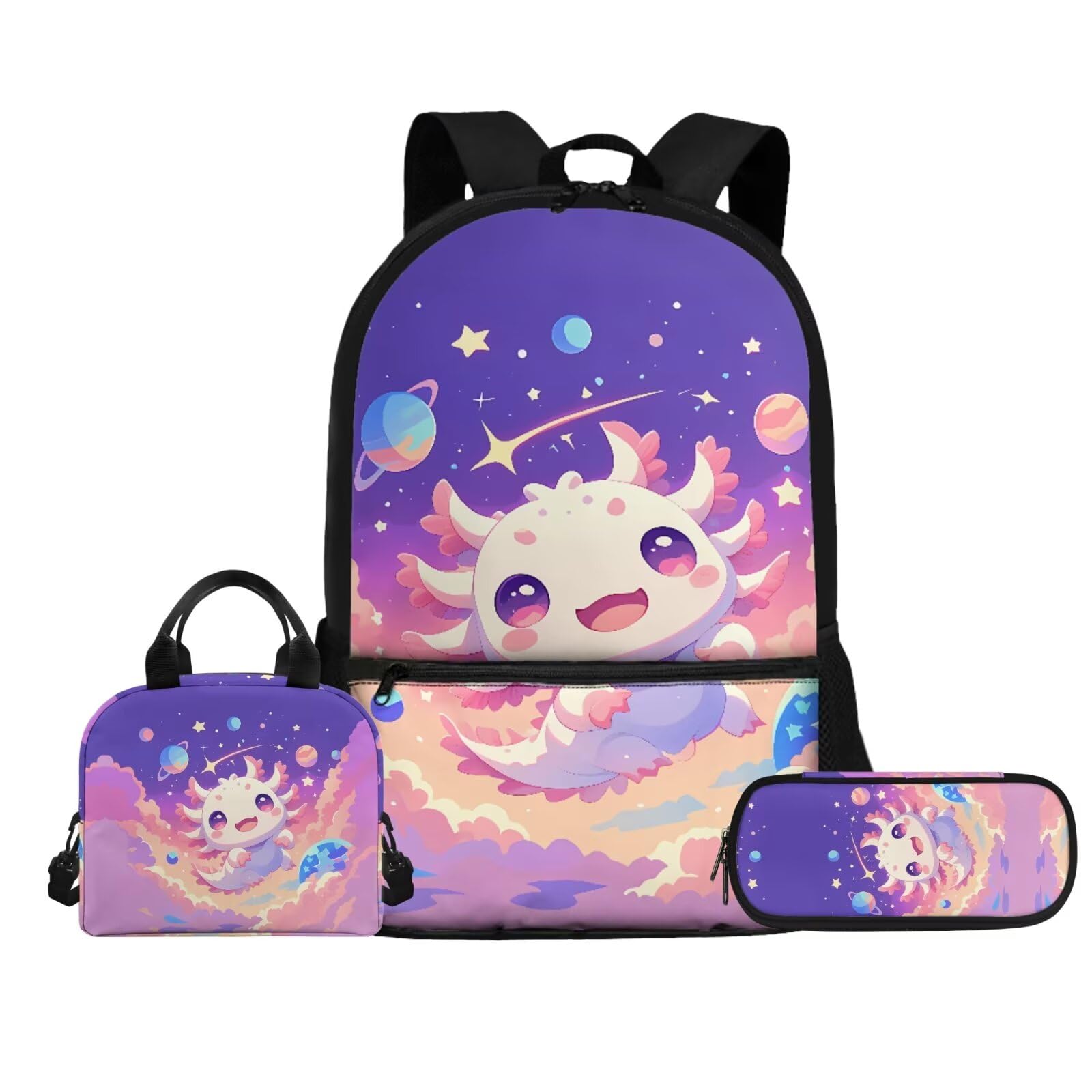 Voxugoniy Backpack for Girls, Axolotl Print Backpacks with Lunch Bag Pencil Case Set Kids Backpack Elementary Middle School Book Bag for Teen Girl