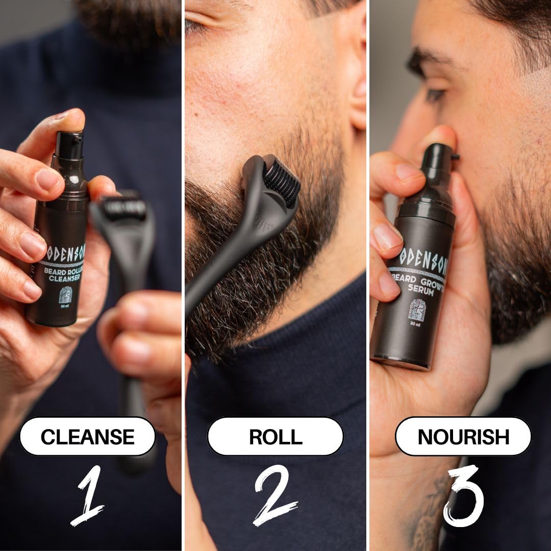 Odenson Zestaw na Porost Brody- Serum na Porost Brody dla Gęstszej i Grubszej Brody - Derma Roller do Wzrostu Włosów na Twarzy dla Mężczyzn - Spray do Czyszczenia Derma Rollera