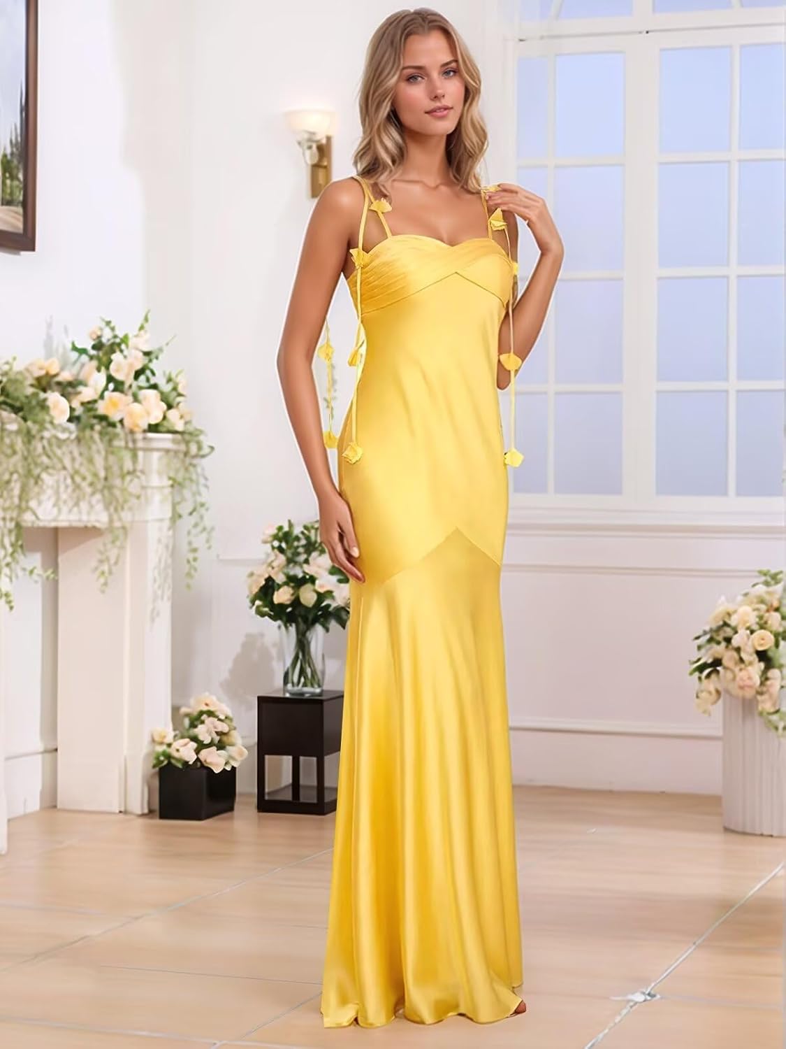 Spaghetti Straps Satin Prom Dresses for Women Long Mermaid Bridesmaid Dress Formal Evening Party Gown