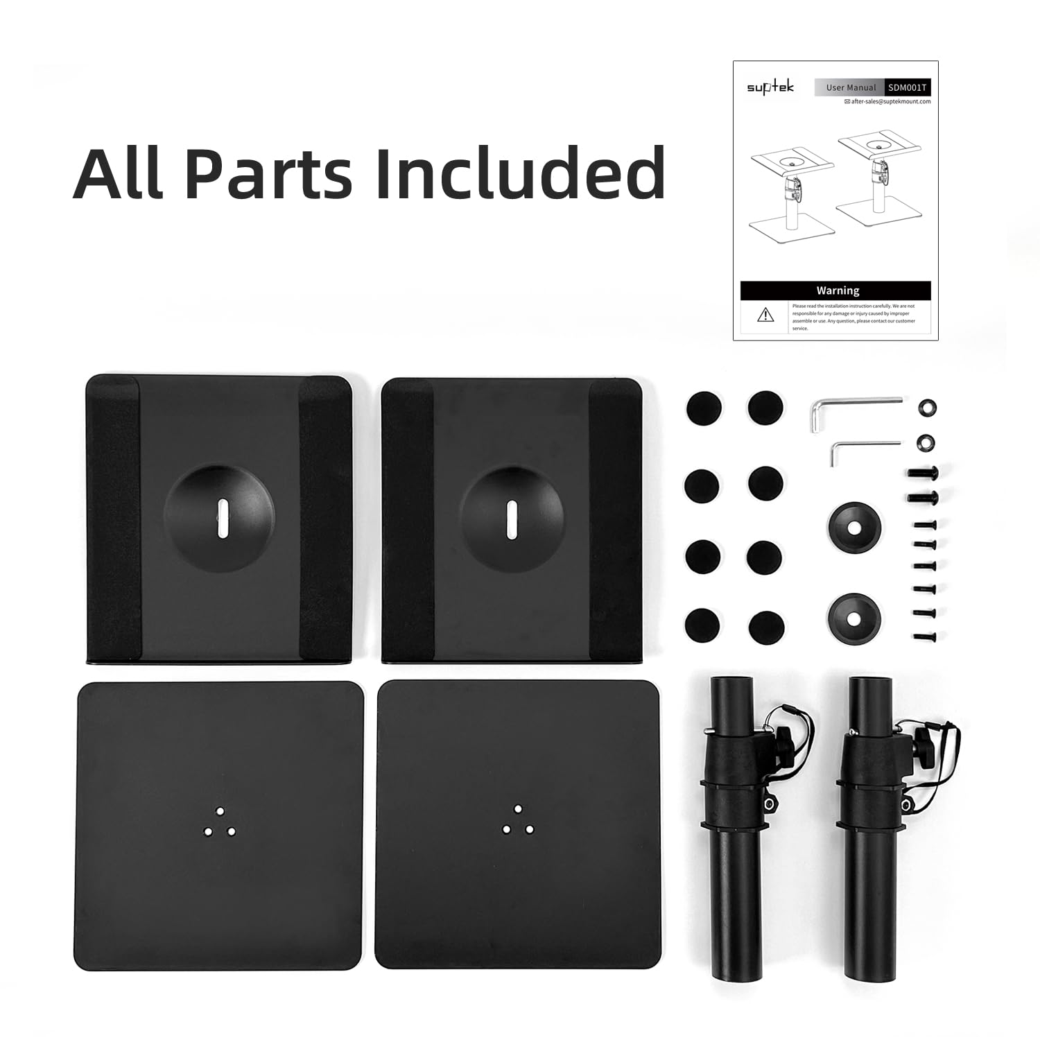 Suptek Soporte de Altavoces de Escritorio, Juego de 2, Bandejas de 9.6 x 8.8 Pulgadas, Altura Ajustable e Inclinación, Soportes Universales para Altavoces de Estantería y PC, Negro, SDM001T