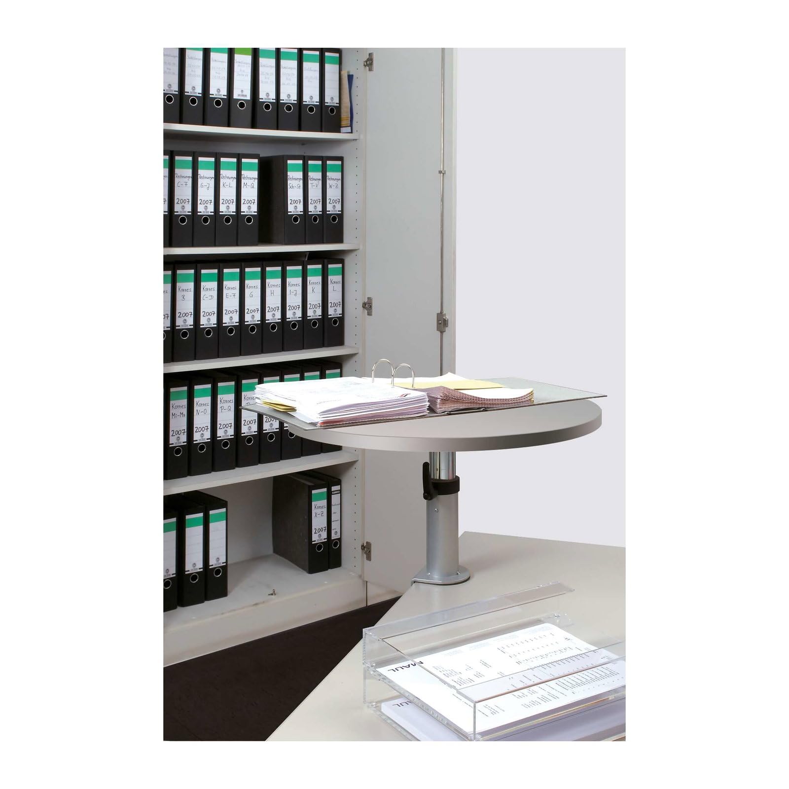 MAUL Stehpult 60x52x2,2cm | Runder Tisch mit Klemmbefestigung für den Schreibtisch | Höhenverstellbar | Eleganter Schreibtisch Organizer | Praktische Ablage für Stift, Locher und Ordner | Grau