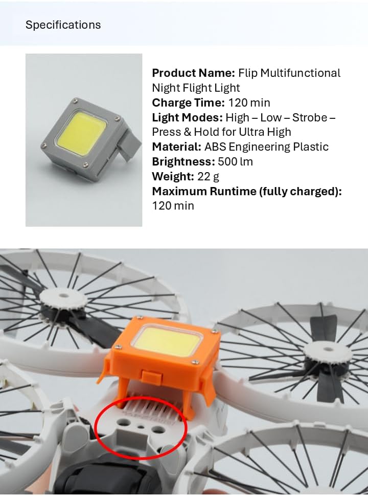 Flip Multifunction Night Flight Light Accessory, 900LM High-Brightness LED Light for DJI Flip Drone, Adjustable Angle, High/Low/Strobe Modes, Up to 120 Min Runtime, Premium LED Beads
