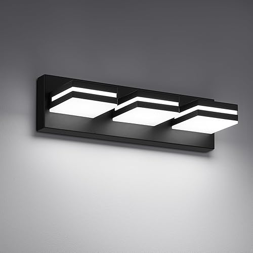 Modernas luces LED de baño (3 luces), iluminación de pared acrílica negra metálica, luces de tocador para baño sobre espejo (6000 K 16 pulgadas)
