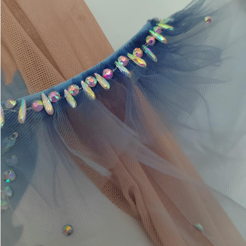 LIUHUO Vestido de patinaje artístico para niñas, color azul, malla graduada, manga larga, rendimiento de competición