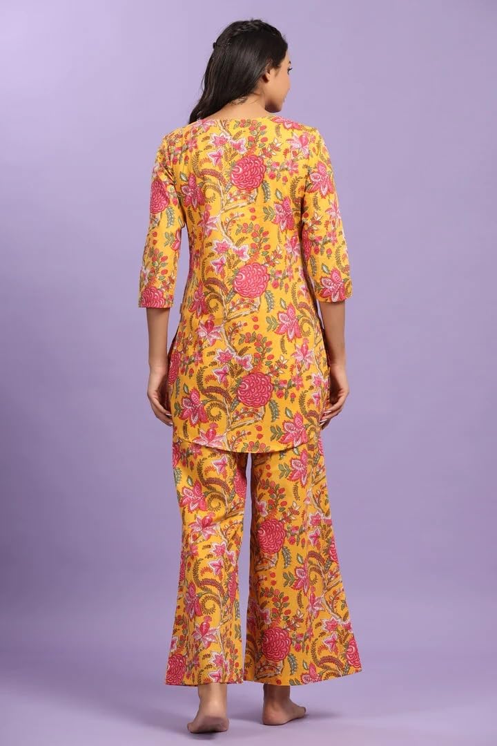 Leriya Fashion Women Ethnic Kurta Set | Rayon Co-Ord Set | Fancy Pajama Set | Pack Of 2 | Floral Printed Top & Pant Set | Full Pair Set | A-Line Kurta Set For Women | Co-Ord Set (Small, Yellow)