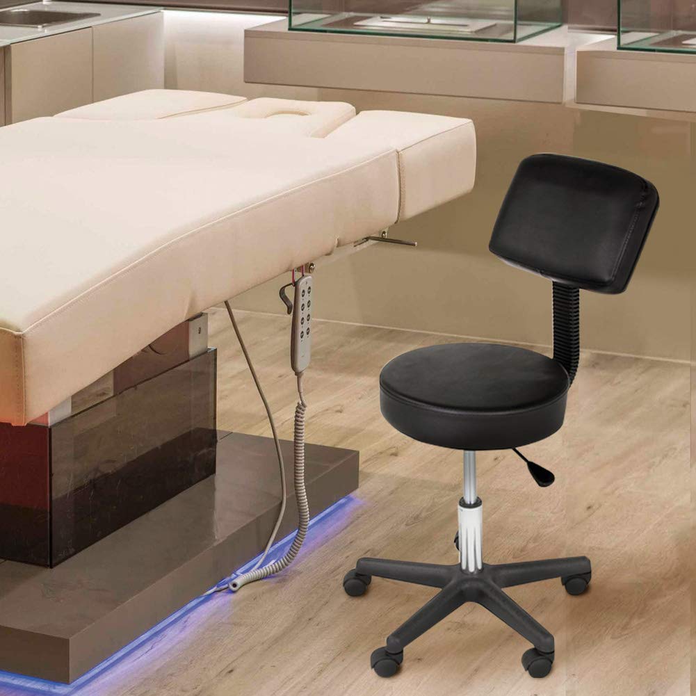 BAKAJI Taburete estetista con Respaldo y Asiento de Piel sintética Silla giratoria alltezza Regulable 5 Ruedas Ideal para Casa, despacho, Estudio médico Masaje Tatuajes Fisioterapia