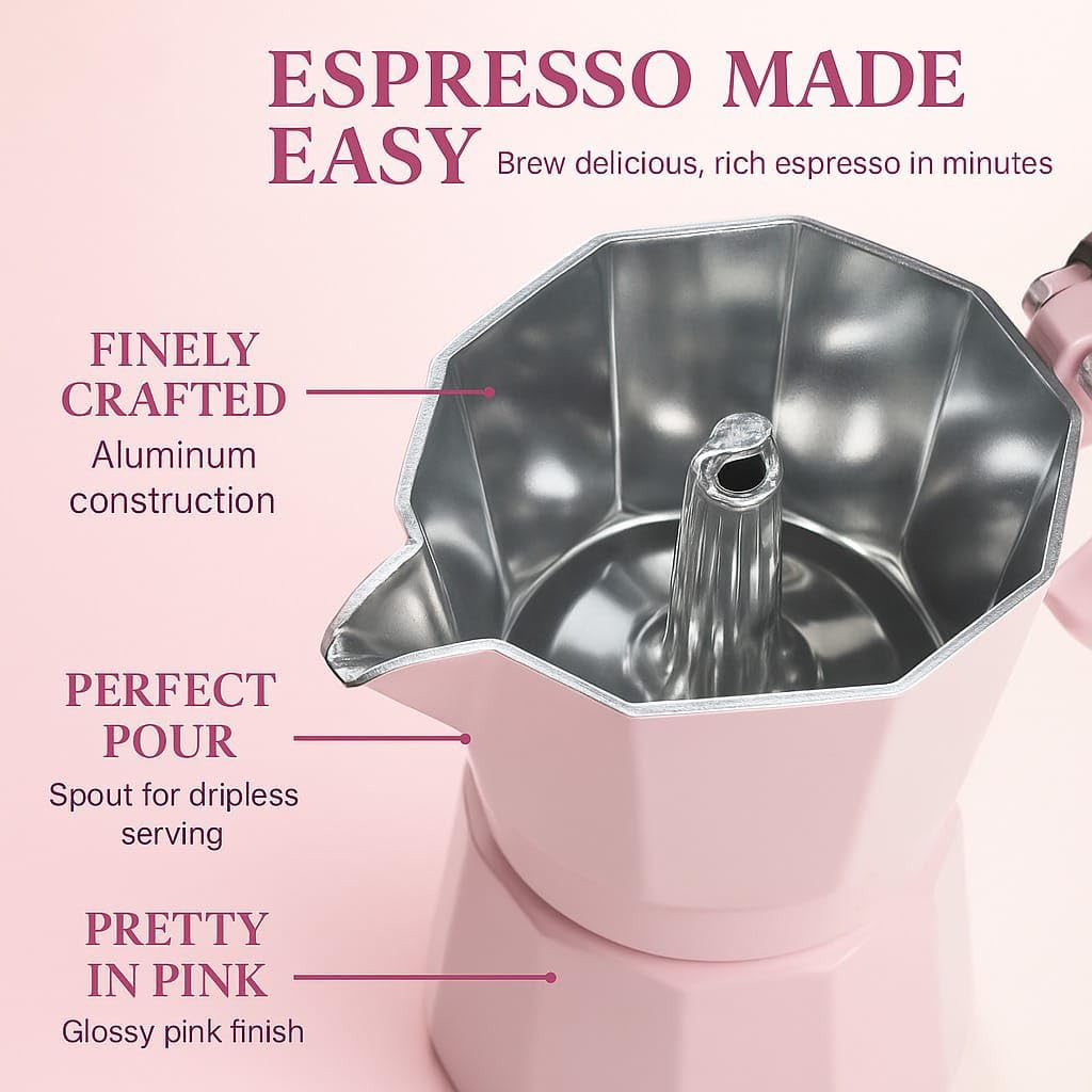 HARIRA 9 Cup Stovetop Espresso Maker Italian & Cuban Style Coffee Pot, Durable Aluminum Moka Pot with Ergonomic Handle, Rich Aromatic Brew, Pink Coffee Maker for Home or Travel