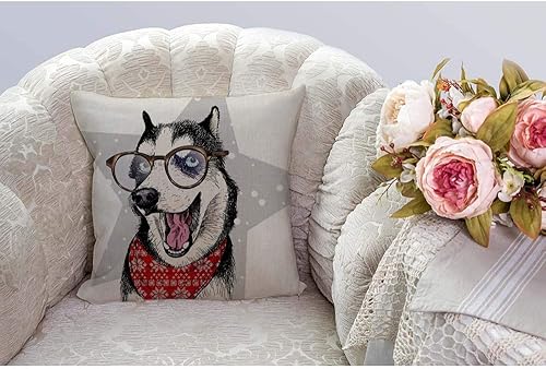 Miniatura 5 de HGOD DESIGNS Funda de almohada de perro Husky, divertida bandana de Navidad de invierno y gafas, algodón, lino, poliéster, decoración del hogar,