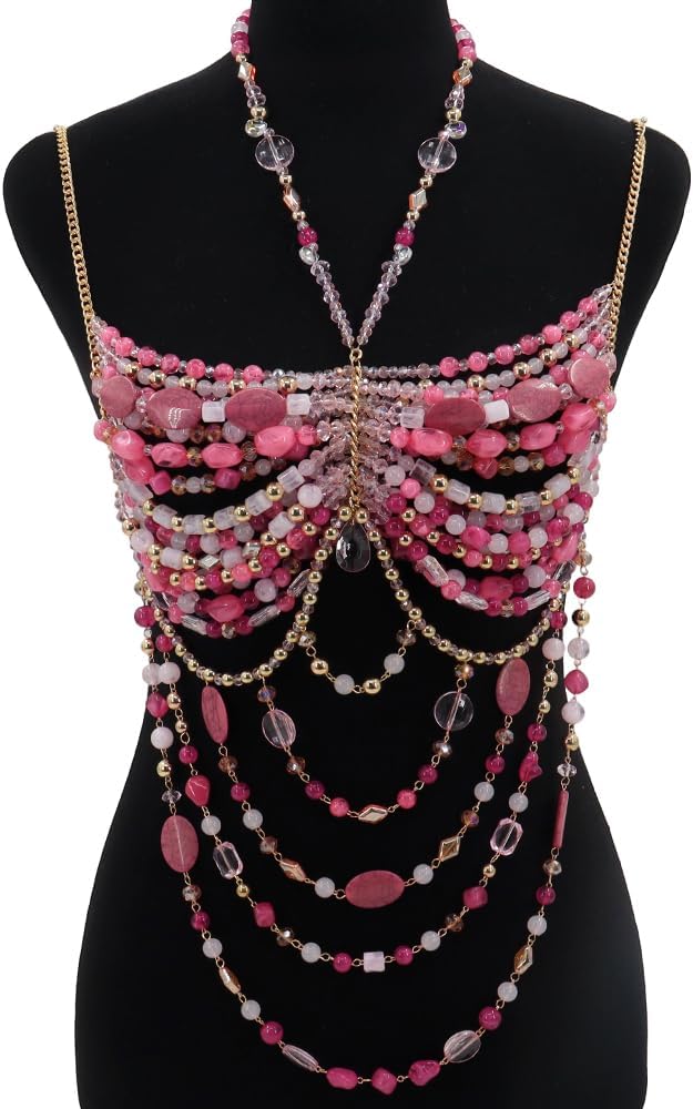 Fuchsia & Gold Beaded Body Chain, Handmade Body Chain Top, Beach Wear Bra for Rave