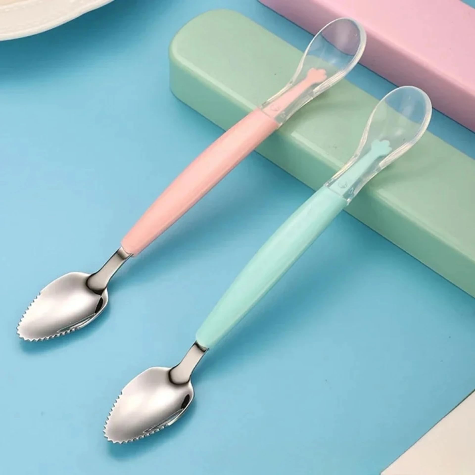 Mini Baby 2 in 1 Baby Spoon with Stainless Steel and Soft Silicone Tip, Infant Feeding Spoon (Blue) (Pink/Blue)-image-2