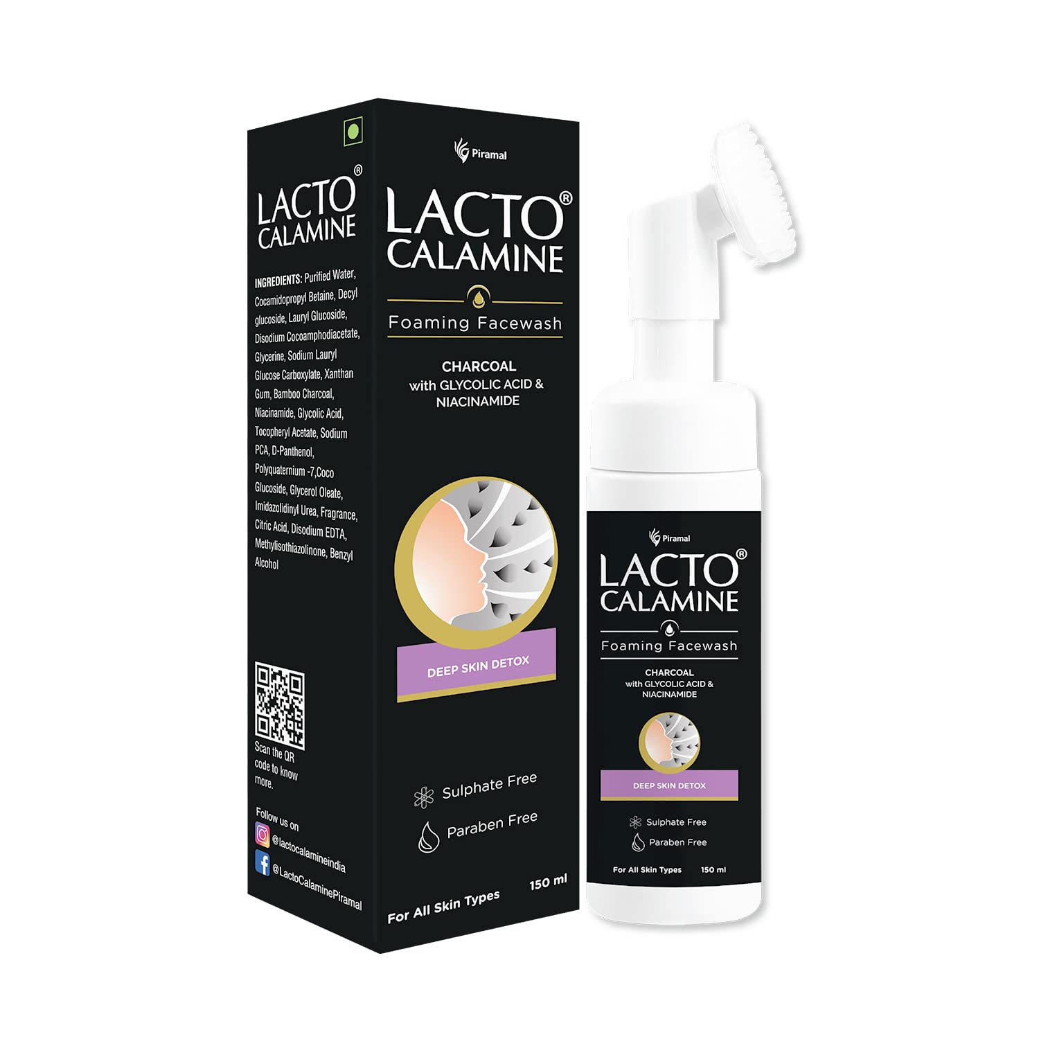 Lacto Calamine Charcoal Foaming Face wash| Deep skin Detox| Cleanse skin impurities| With Built-in foaming Brush|Sulphate free Face wash| Paraben Free| 150 ml x Pack of 1