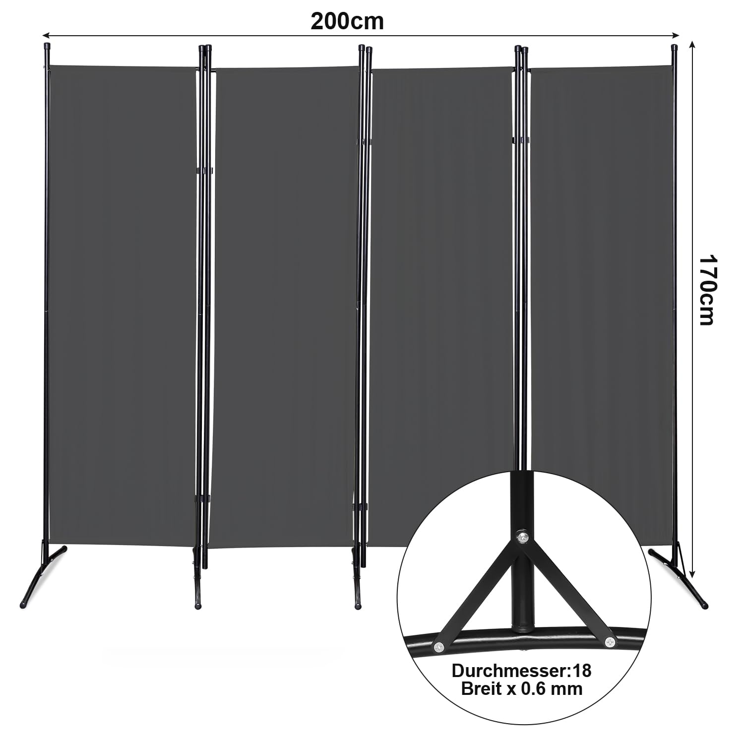Eulenke Paravent - Divisorio interno alto 200 cm, in tessuto, 4 pezzi, pieghevole, divisorio per giardino, balcone, privacy, per uffici, 200 x 170 cm, grigio scuro