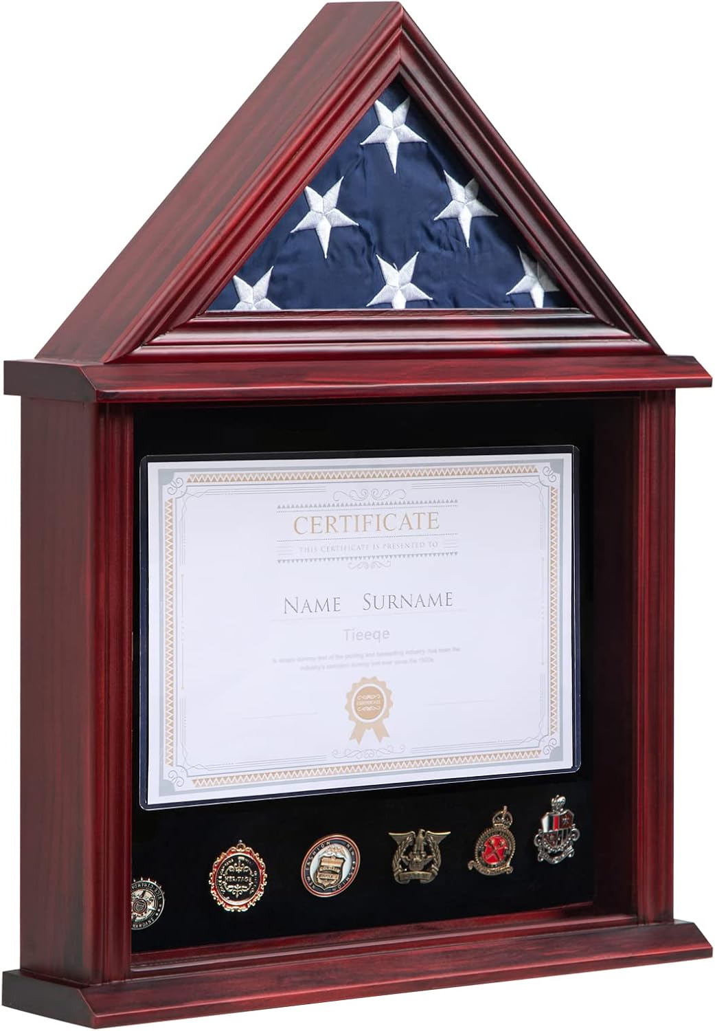 Solid Wood Flag Display Case Military Shadow Box Fit a Folded 3'x5' Flag for Army Navy Air Force Veteran Flag American Military Flag Display Case with Certificate Holder, Mahogany