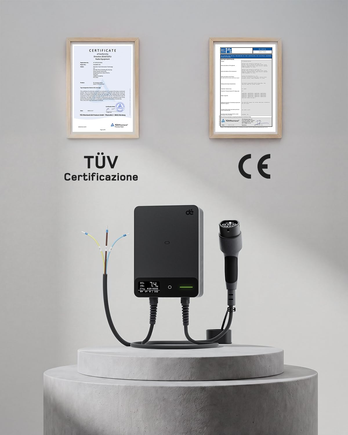 Wallbox 7,4 kW Tipo 2 con App, Cavo 7,5m, RFID, Monofase 6-32A 230V, 7kW, IP54, Nero