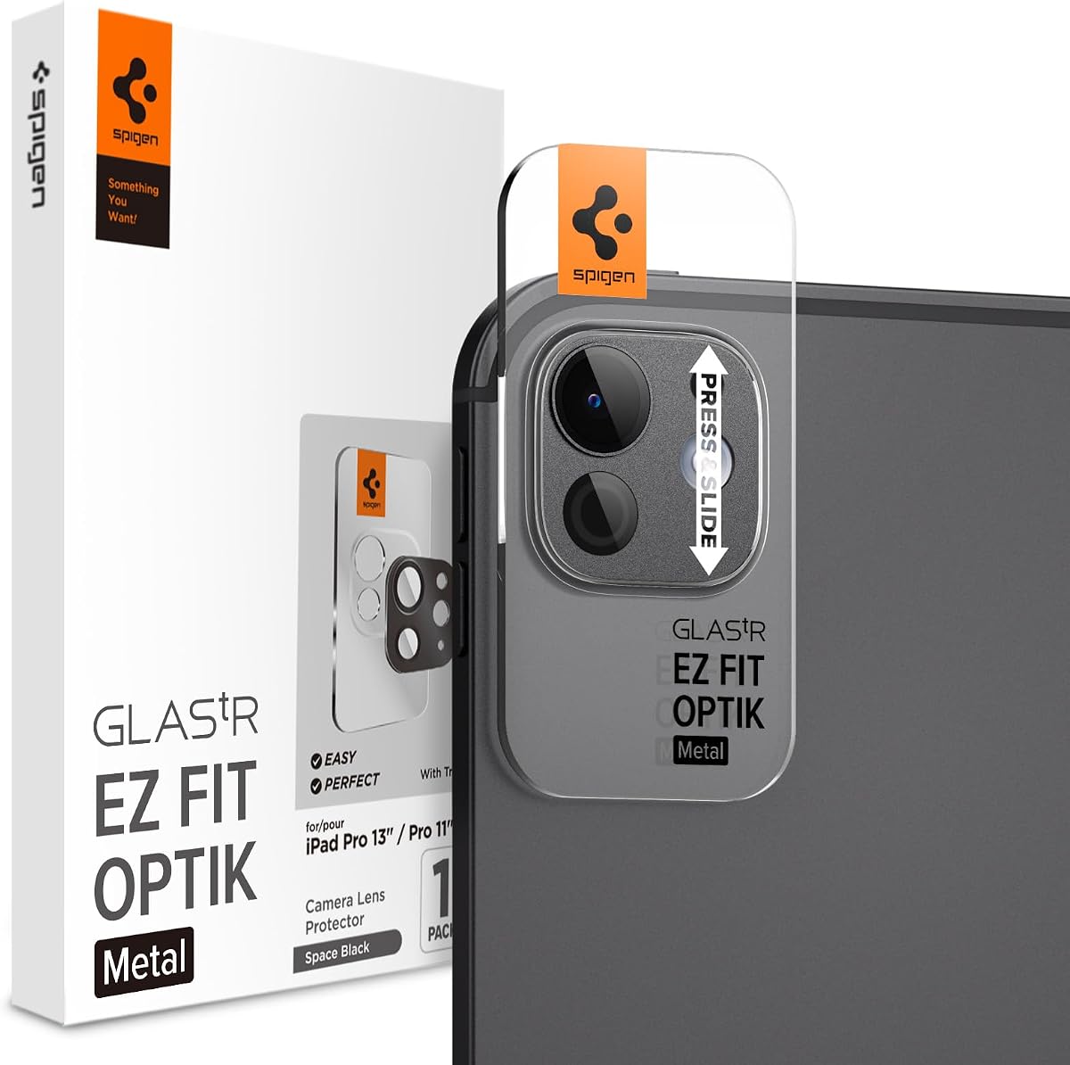 Protector de lente de cámara para iPad Pro 13"/11" M4, M5 (2024, 2025) | GlasTR EZ Fit Optik Metal, vidrio templado 9H+, resistencia a rayones, bandeja de alineación automática, compatible con estuches, negro espacial [1 paquete]