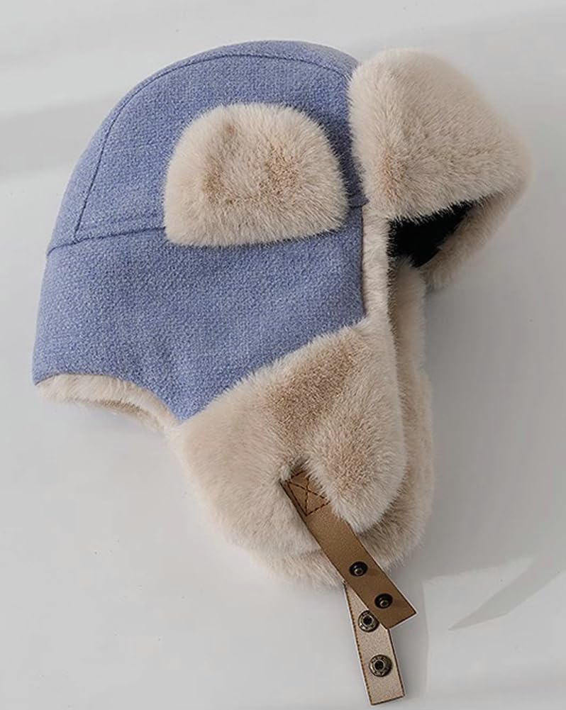 Cute Trapper Hat for Women Men Furry Aviator Hat Faux Fur Ushanka Hat Russian Hats Winter Fur Hunting Ski Cap with Ear Flaps Blue